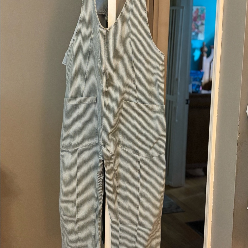 Free People We The Free High Roller Jumpsuit Railroad Striped Overalls size M